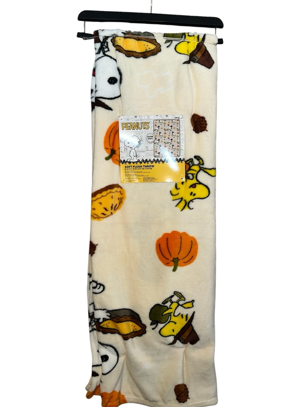 Peanuts Cream Plush Throw Blanket with Orange Pumpkins & Yellow Woodstock